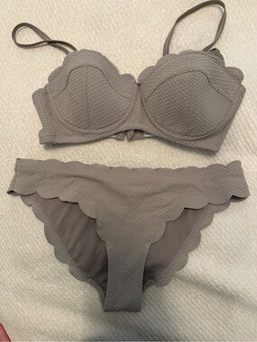 Scalloped Textured Bikini Set in Taupe